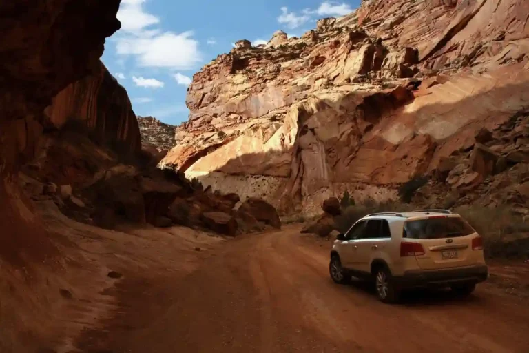 Capitol Reef National Park red rock canyon and road in Utah