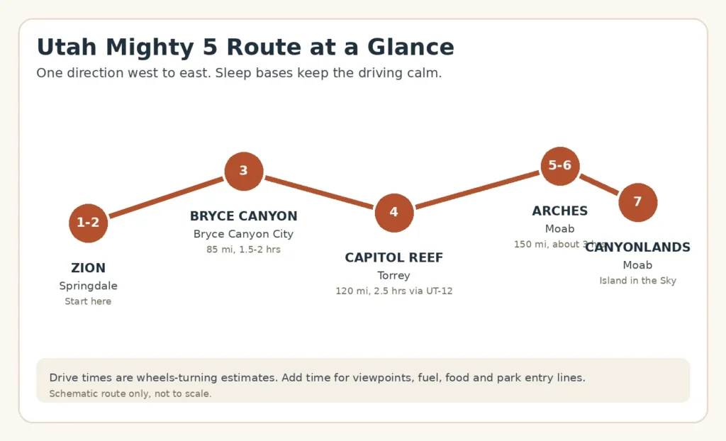 Schematic map of the Utah Mighty 5 road trip route from Zion to Bryce Canyon, Capitol Reef, Arches and Canyonlands with sleep bases