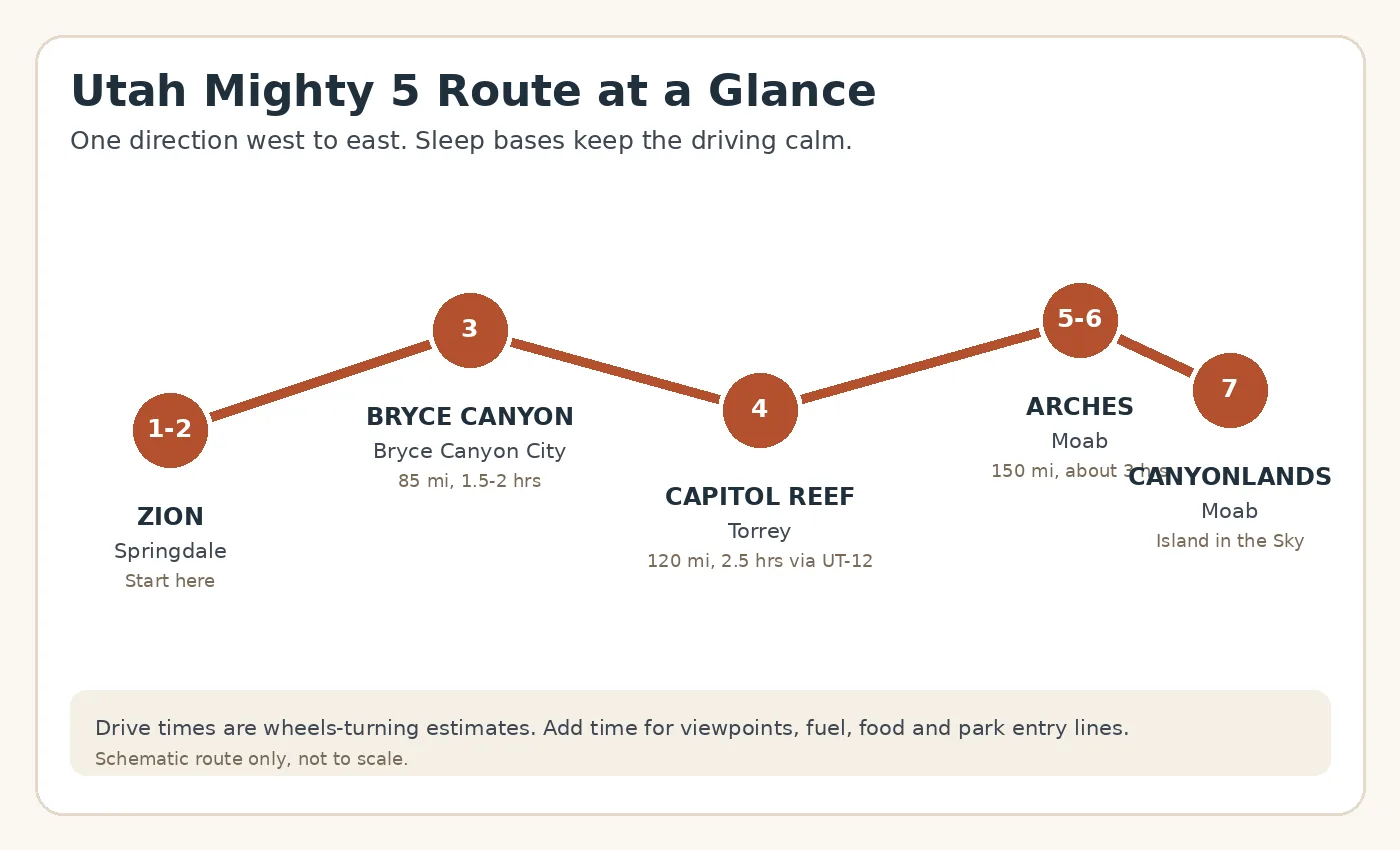 Self-made schematic route map of the Utah Mighty 5 road trip with sleep bases and drive times